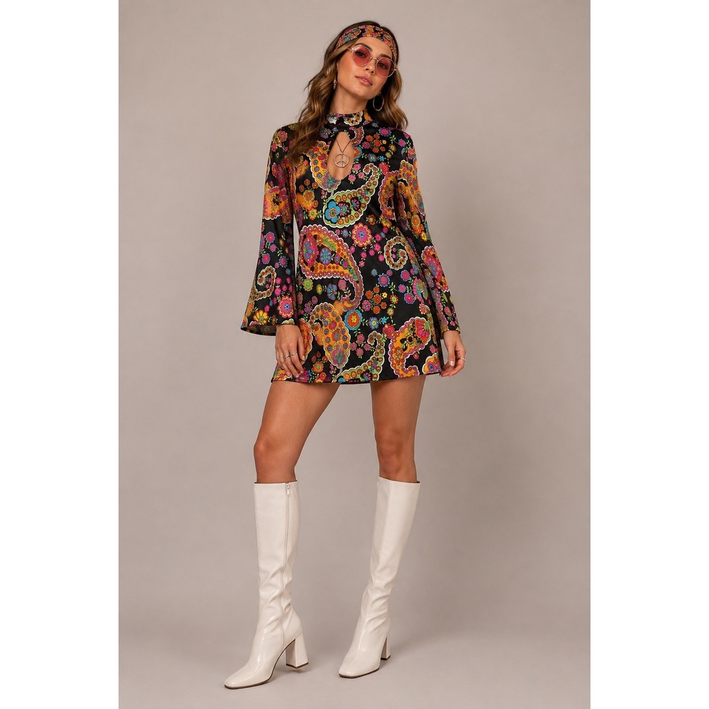 Leg Avenue 70s Hippie Mini Dress XS S Groovy Mod Go Go Halloween Paisley Costume